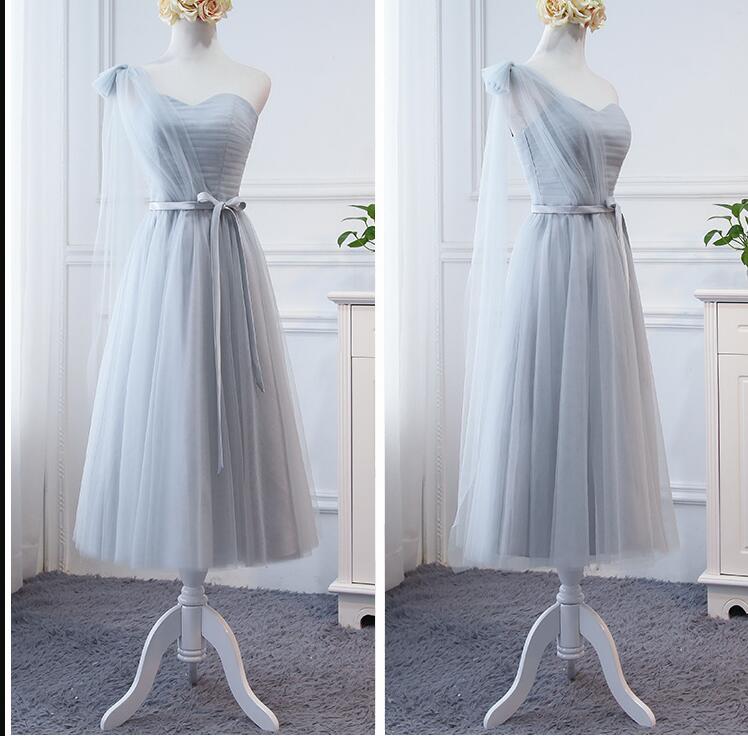 Sexy One Shoulder Silver Tulle Tea Length Bridesmaid Dresses A Line Wedidng Party Gowns , Short Bridesmaid Party Gowns 2020