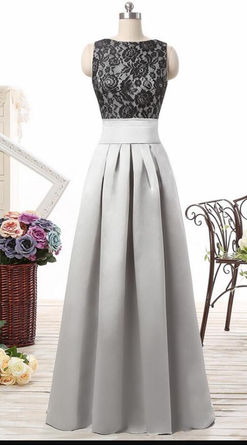 Light Gray Satin Long Prom Dress With Black Lace Appliqued Formal Evening Dress, Prom Gowns