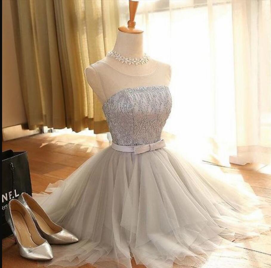 Fashion A Line Light Gray Beaded Tule Short Homecoming Dress Custom Made Mini Prom Party Gowns