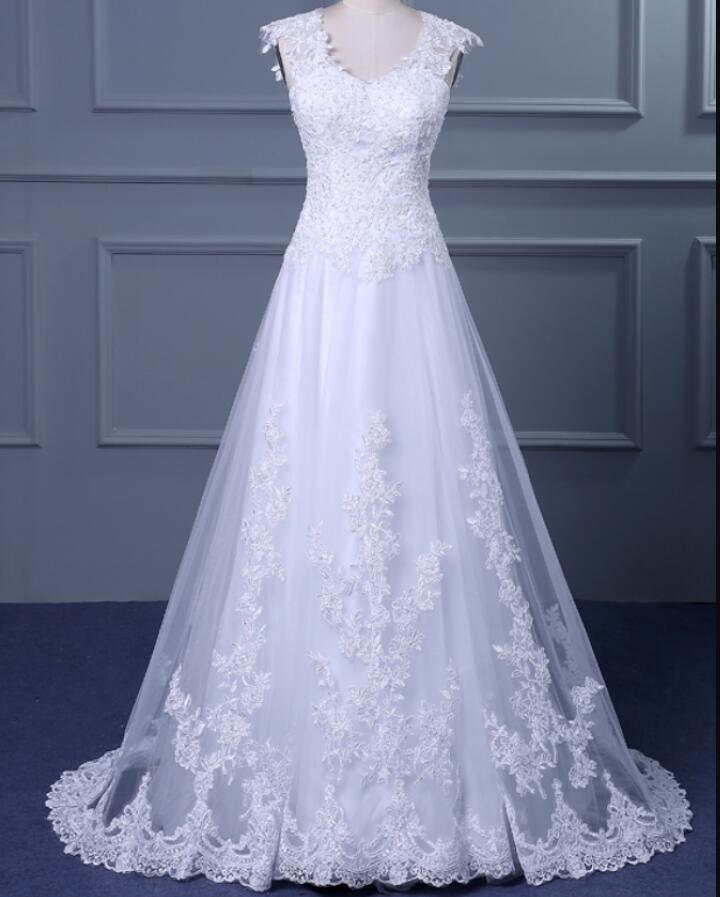 Charming Custom Made A Line White Lace Wedding Dress , Women Bridal Gowns