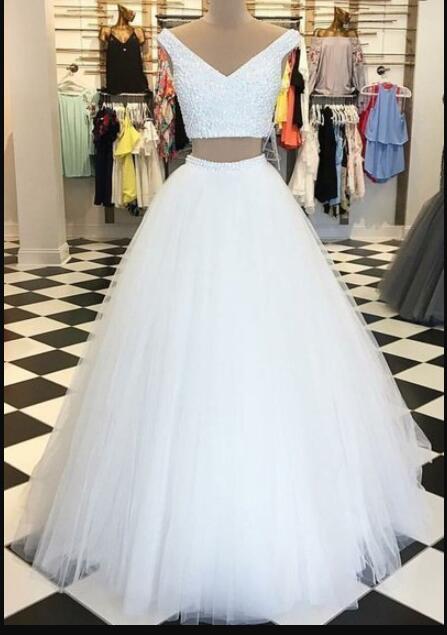 Charming Beaded Two Pieces White Tulle Long Prom Dress A Line Prom Party Gowns , Prom Gowns