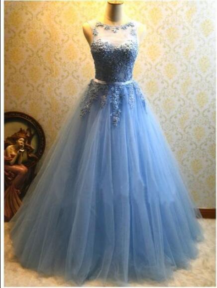 Blue Lace A Line Long Prom Dress Custom Made Women Prom Gowns Custom Made Party Gowns 2020