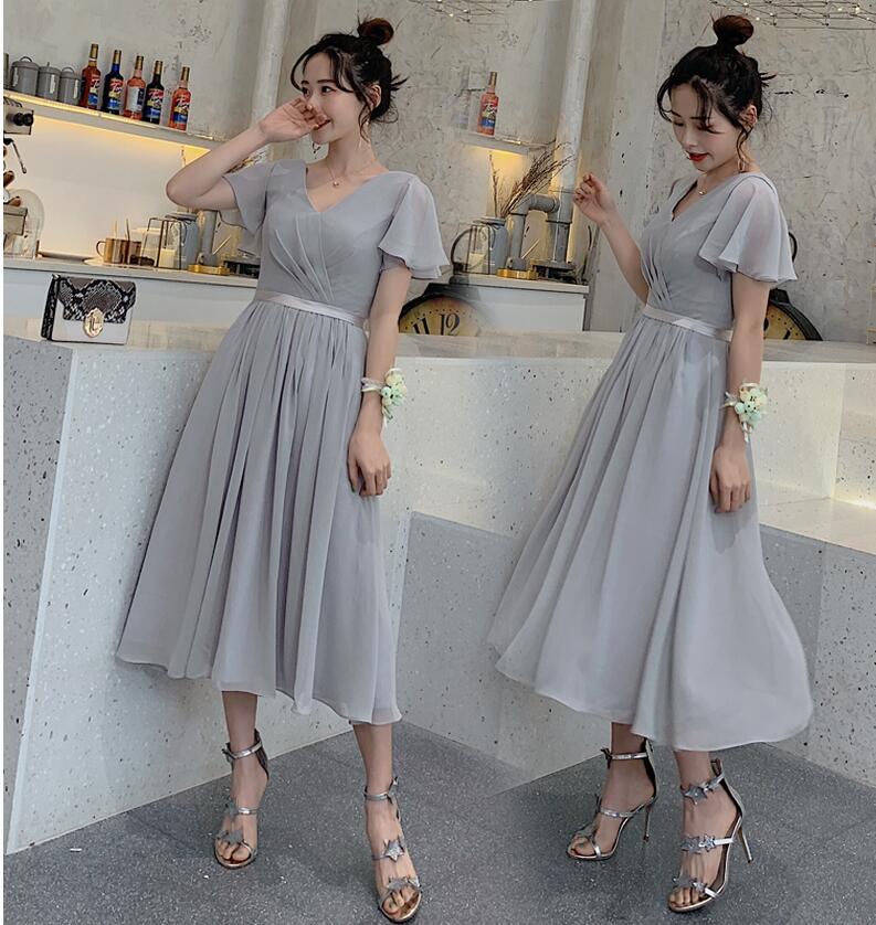 Sexy V-neck Light Silver Chiffon Long Prom Dresses A Line Women Pageant Gowns , Prom Party Gowns , Prom Dresses 2020