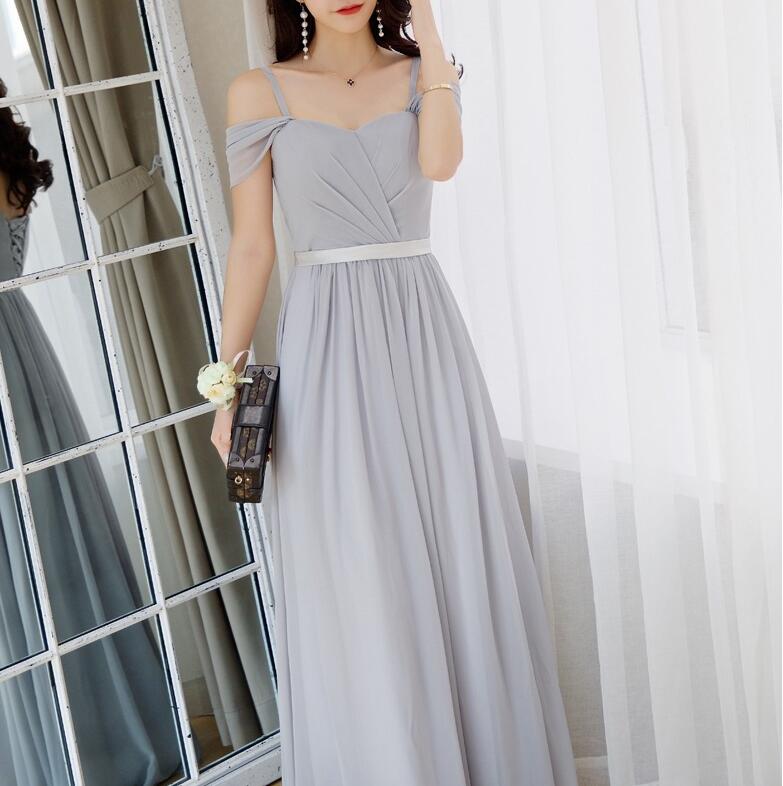 Plus Size Silver Chiffon Spaghetti Strap Long Prom Dress Floor Length Prom Party Gows, Sexy A Line Wedidng Guest Gowns