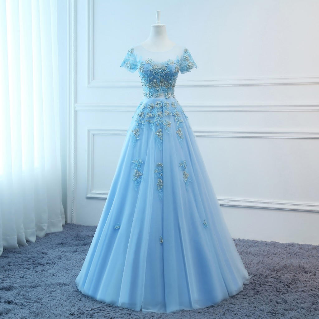 Prom Dresses Long Blue Evening Dresses Foral Tulle Dress Women Formal ...