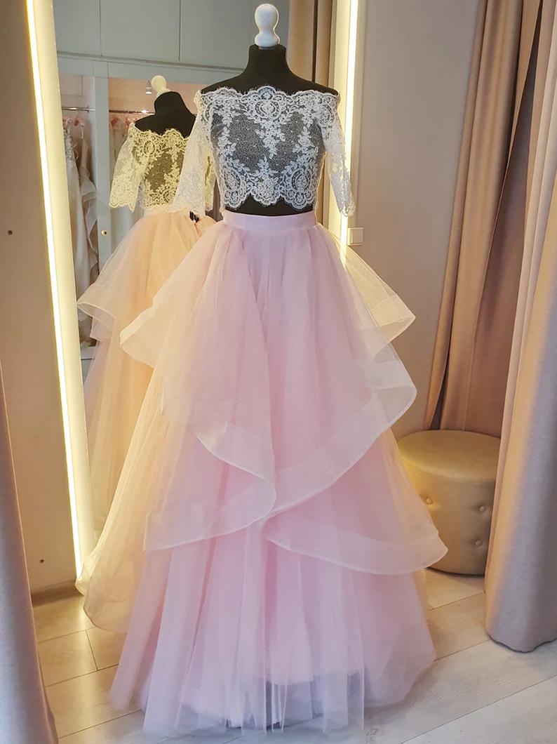 A Line Two Pieces Long Sleeves Appliques Tulle Prom Dresses with Flowers LBQ3272