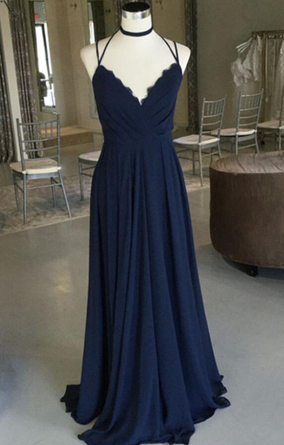 Navy Blue Chiffon V-neck Long Prom Dress Backless Women Summer Prom Gowns ,a Line Wedidng Guest Gowns 2020