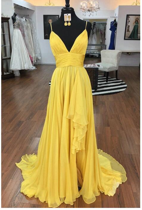 Yellow Chiffon A Line Long Prom Dress Plus Size Women Party Gowns ,sexy Formal Evening Dress