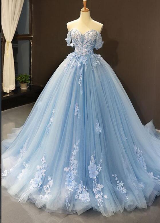 Sky Blue Lace Prom Dress Off The Shoulder Women Prom Gowns Custom Made Pageant Gowns