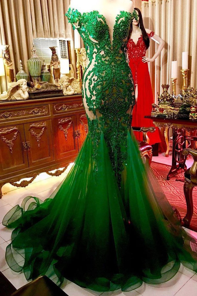 Plus Size Green Lace Evening Dress Mermaid Beaded Long Prom Party Gowns Custom Made Prom Gowns ,long Prom Gowns 2020,luxury Women Gowns
