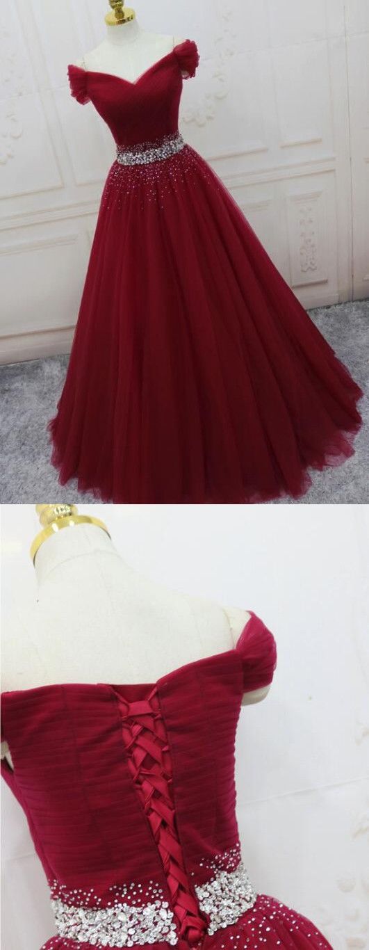 Off Shoulder Wine Red Beaded Ball Gown Prom Dresses 2020 Custom Made Women Pageant Gowns , Sexy Sweet 15 Quinceanera Dresses