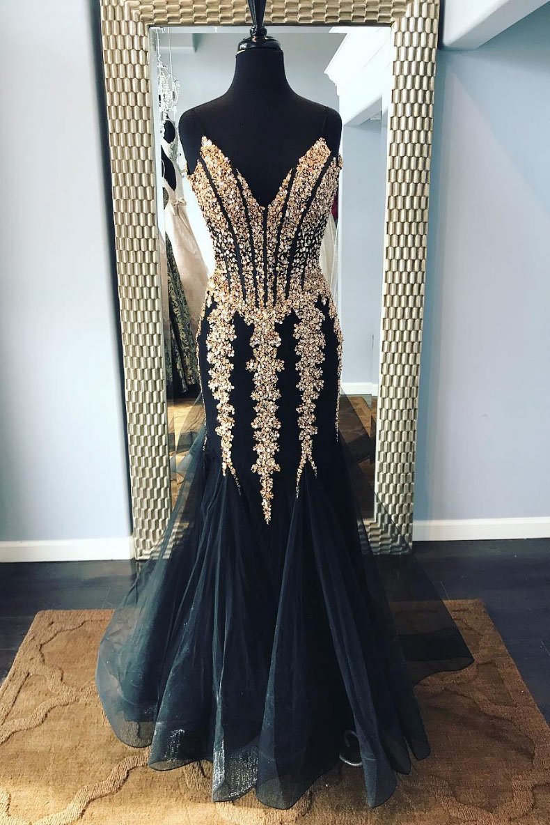 Charming Black Beaded Tulle Mermaid Prom Dress Custom Made Women Prom Gowns , Formal Evening Dress, Wedding Guest Gowns .