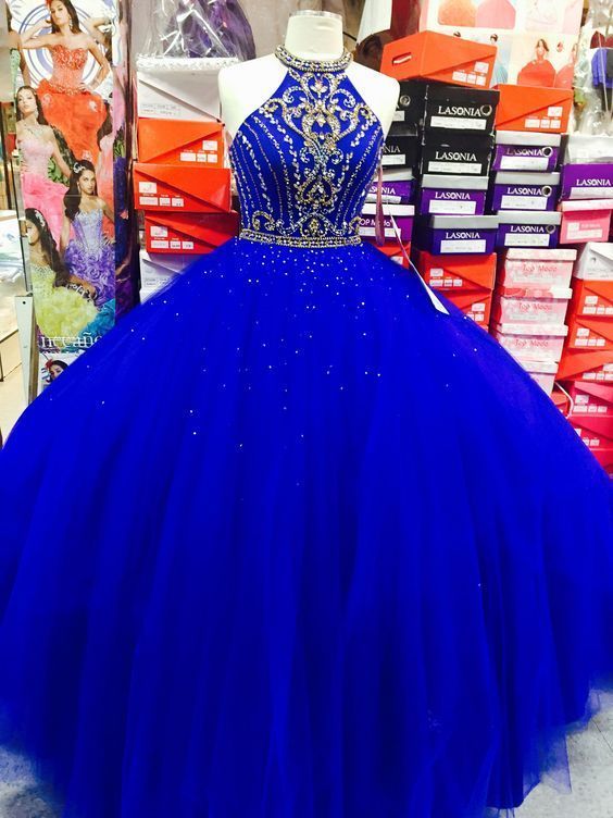 Custom Made Royal Blue Halter Beaded Ball Gown Quinceanera Dresses ,sweet 15 Quinceanera Party Dress, Off Shoulder Women Quinceanera Gowns 2020
