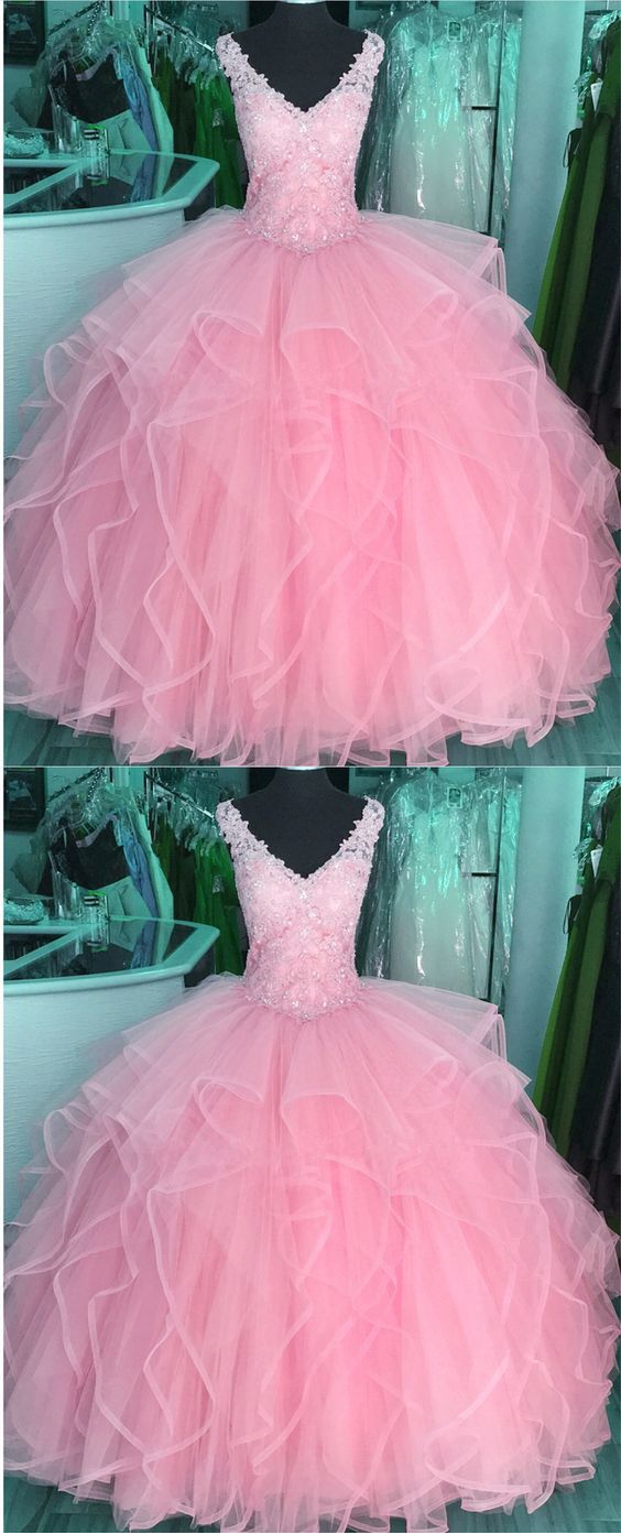 Sexy V-neck A Line Pink Tulle Prom Dresses Strapless Prom Party Gowns Custom Made Wedding Party Gowns