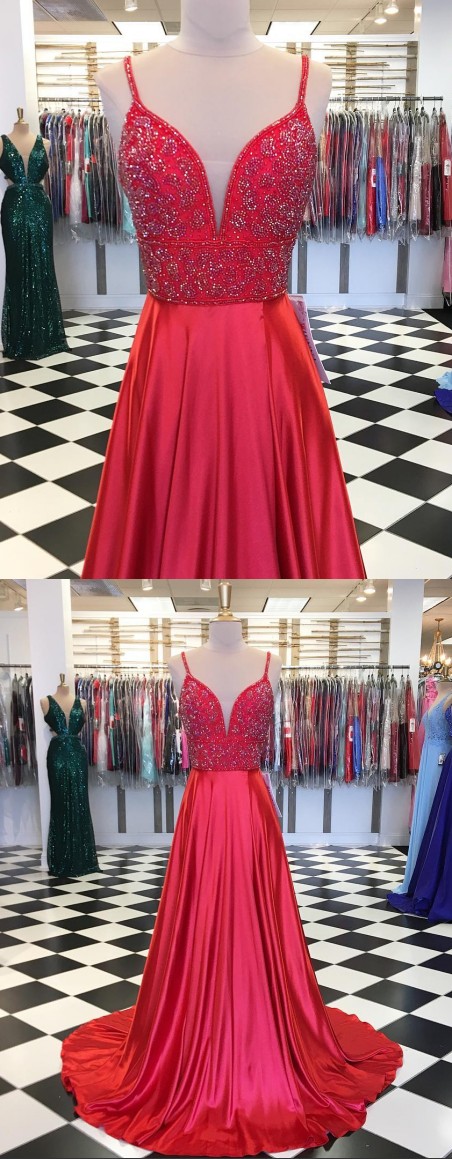 Sexy Red Satin Beaded Long Prom Dress Spaghetti Strap Prom Party Gowns ,custom Made Evening Dress