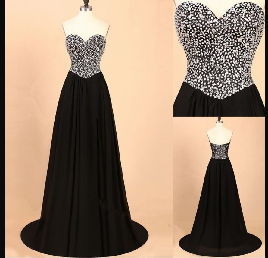 Charming Black Beaded Crystal A Line Long Prom Dress Sweep Train Prom Party Gowns Custom Made Sweet Quinceanera Dresses