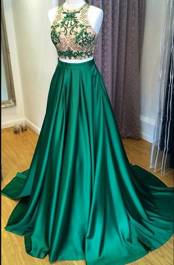 Charming Beaded Halter Neck Green Satin Long Prom Dresses Plus Size Two Pieces Homecoming Dress, A Line Prom Gowns 2020