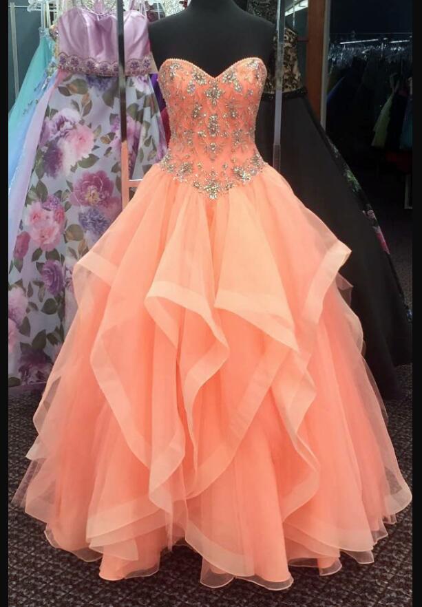 Charming Beaded A Line Orange Tulle Prom Dress, Sweet 15 Prom Gowns ,custom Made Pageant Dresses
