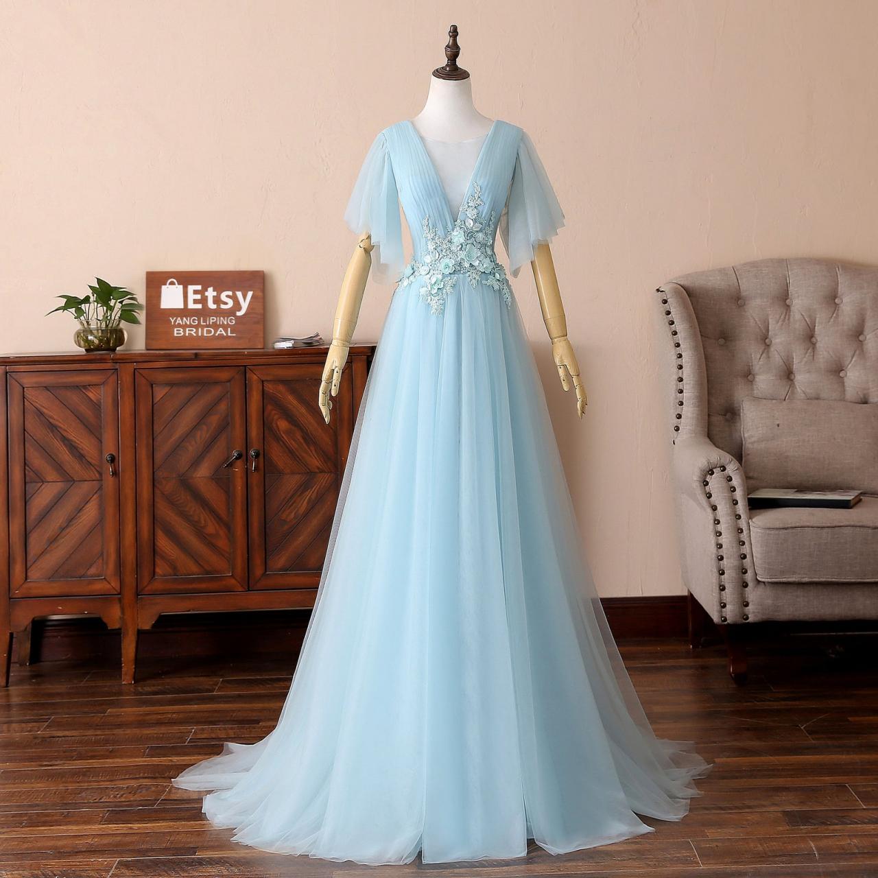 Custom Made A Line Light Blue Chiffon Prom Dresses , Prom Party Gowns , Formal Evening Dress, Sexy V-neck Formal Dress
