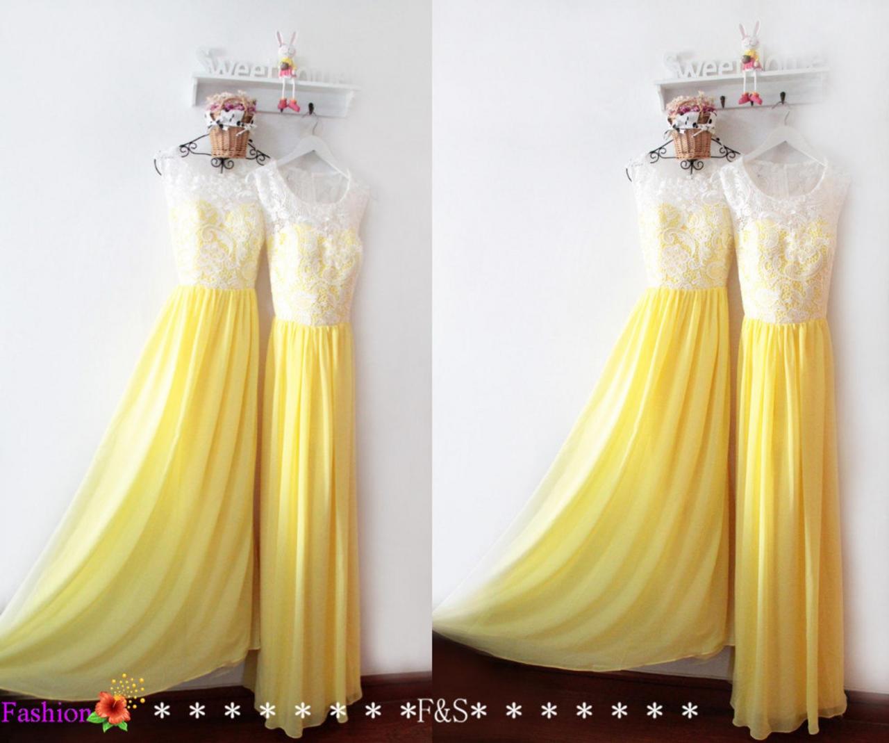 Sexy Yellow Chiffon Long Bidesmaids Dresses With White Lace Prom Dress, Wedding Guest Gowns