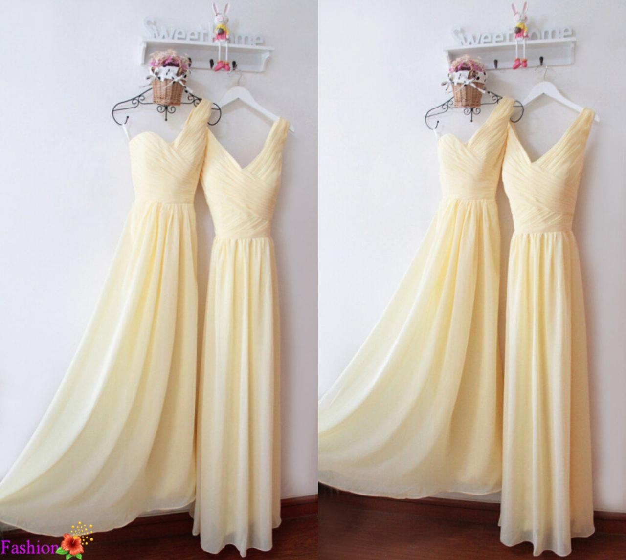 Light Yellow Chiffon Ruffle Long Bridesmaid Dress , Custom Made Bridesmaid Dresses , Women Party Gowns