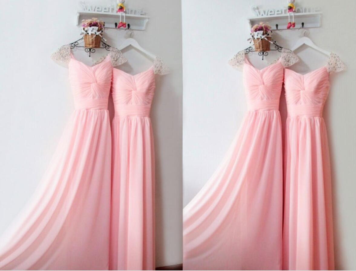 Pink Chiffon Beaded Ruffle Long Prom Dress A Line Formal Evening Dresses, Wedding Prom Gowns .