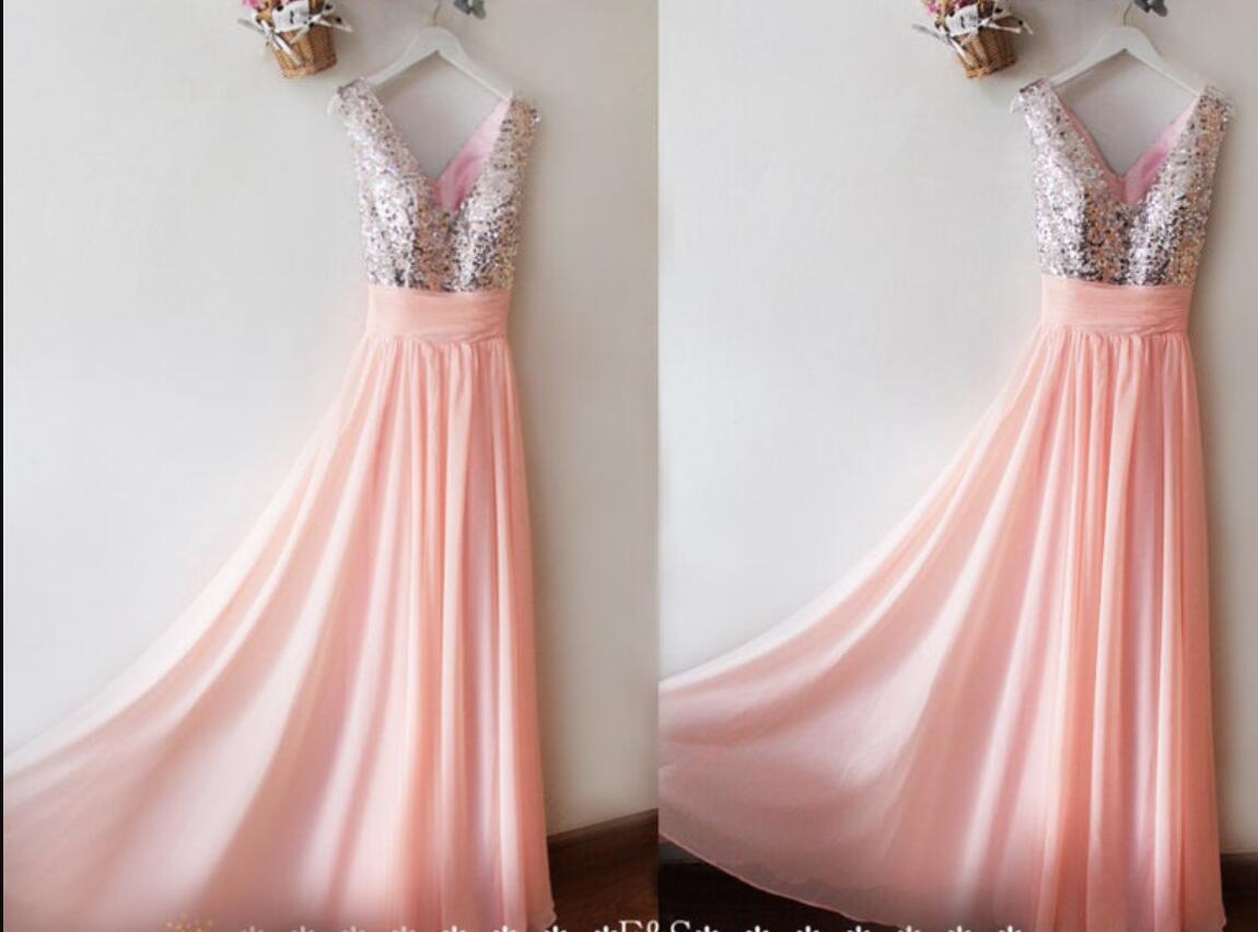 Stunning A Line Pink Chiffon V-neck Silver Sequin Long Prom Dress, Long Prom Gowns ,custom Made Formal Dress