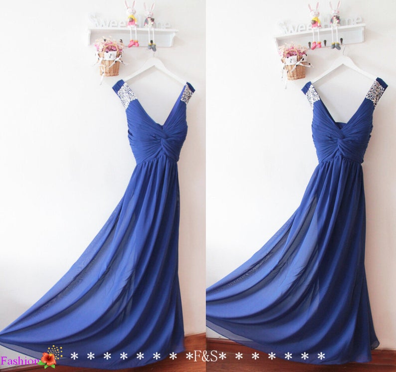 Custom Made Royal Blue Chiffon Beaded Prom Dresses Custom Made Women Gowns , Long Prom Gowns