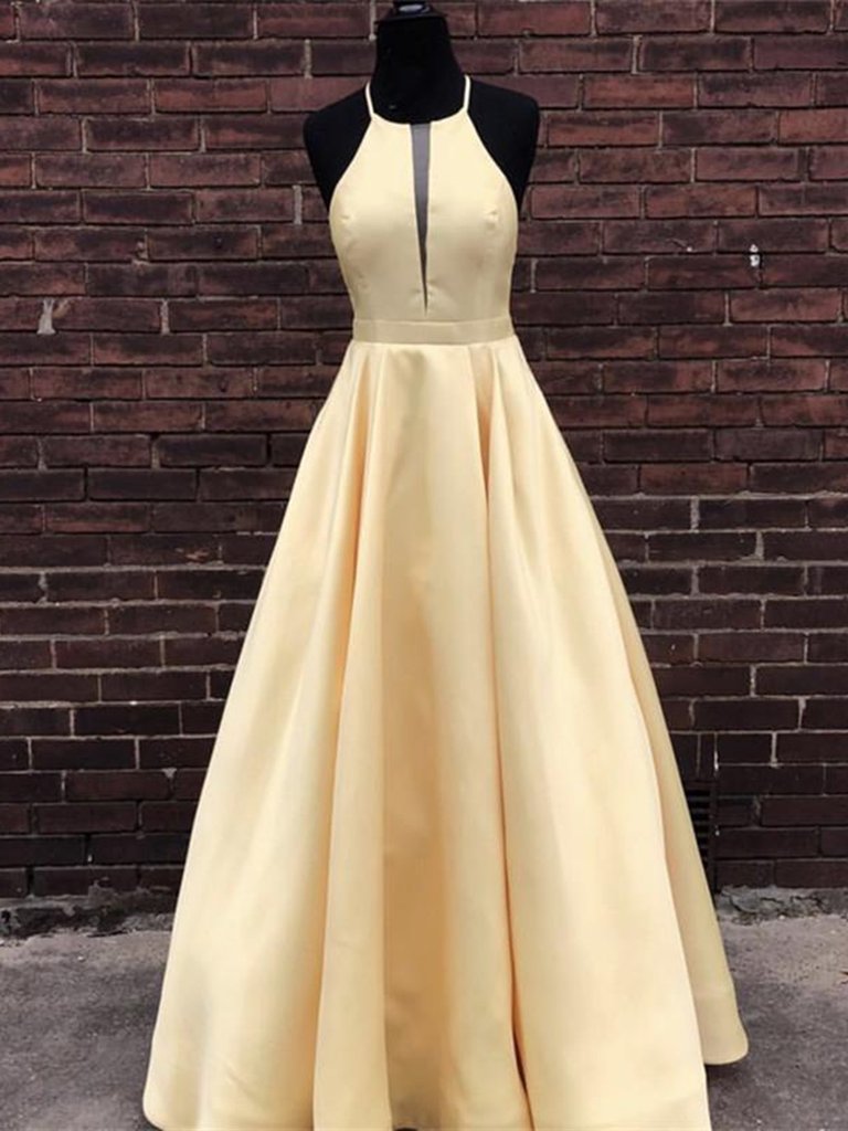Light Yellow Satin Long Prom Dress A Line Formal Gowns , Long Evening Dress, Halter Prom Gowns 2020