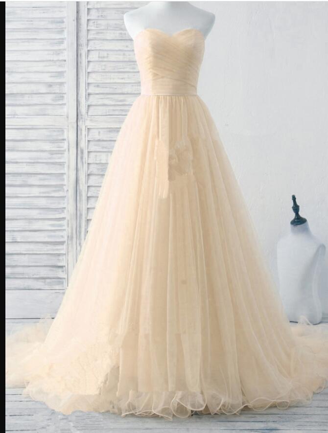 Off Shoulder Light Champagne Tulle Long Prom Dresses Custom Made Women Prom Gowns , Long Prom Party Gowns