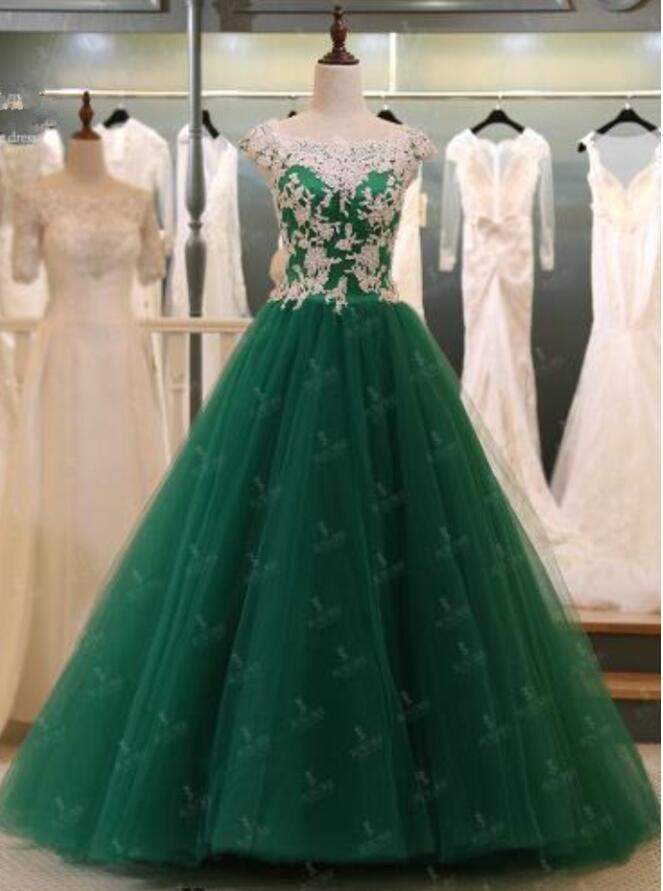 Stunning Sheer Neck Green Tulle Long Prom Dress , Sweet 15 Quinceanera Party Gowns ,wedding Gues Gowns ,