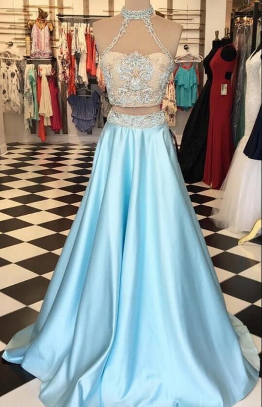 Plus Size Two Pieces Blue Satin Long Prom Dress Sexy Halter Lace Prom Party Gowns , Homecming Dress