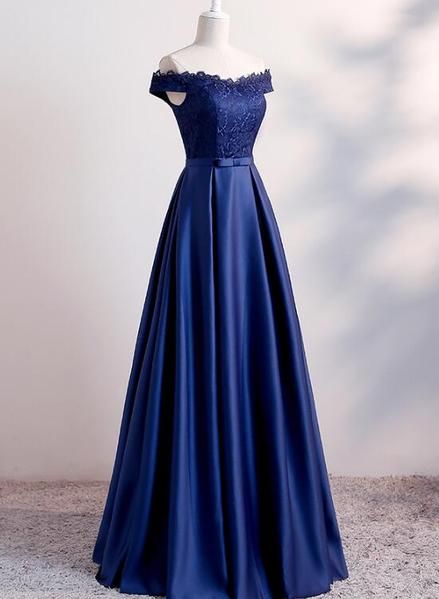 A Line Navy Blue Satin Long Prom Dress Custom Made Women Party Gowns , Formal Evening Dress 2020