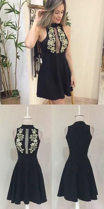 Fashion Black Scoop Neck Short Homecoming Dress With Lace Custom Made Mini Cocktail Gowns , Short Graduation Dress