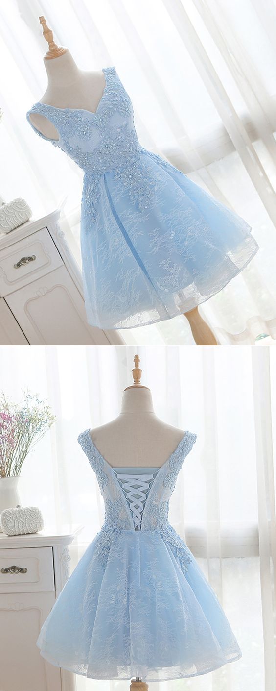 Sky Blue Lace Beaded Short Homecoming Dress , Short Prom Gowns , Sexy Mini Party Gowns ,