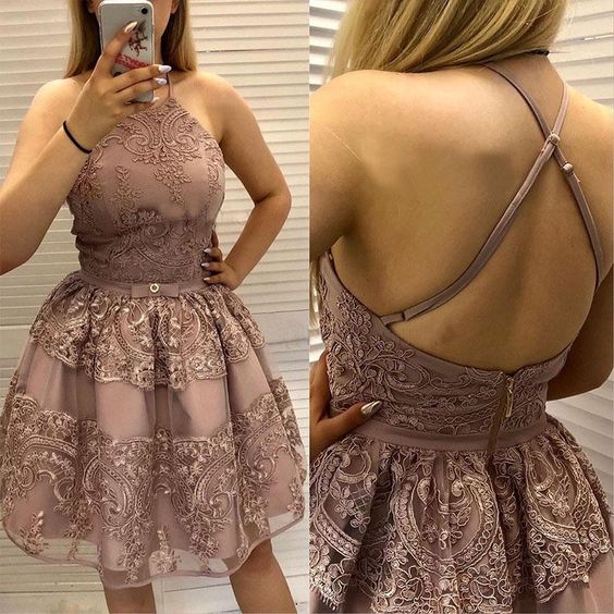 Elegant Sexy Halter Lace Short Homecoming Dress Custom Made Mini Prom Party Gowns , Wedding Party Gowns 2020