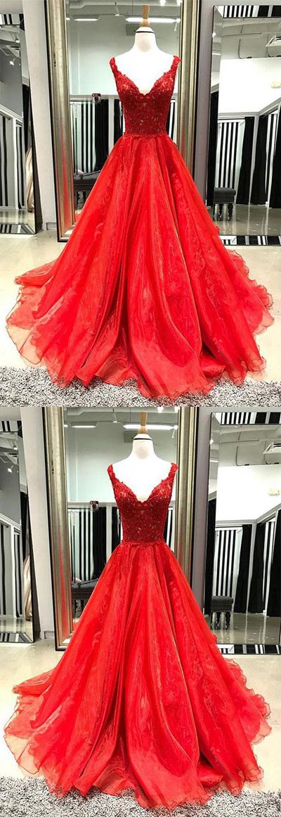 Sexy Red Organza Lace A Line Prom Dress V-neck Wedding Party Gowns , Sexy Prom Party Gowns