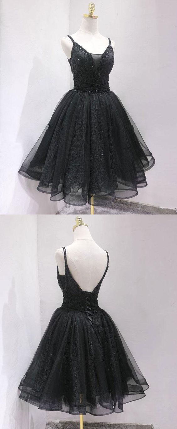 Shiny Black Tulle A Line Short Homecoming Dress , Sexy Mini Prom Party Gowns ,custom Made Wedding Party Gowns