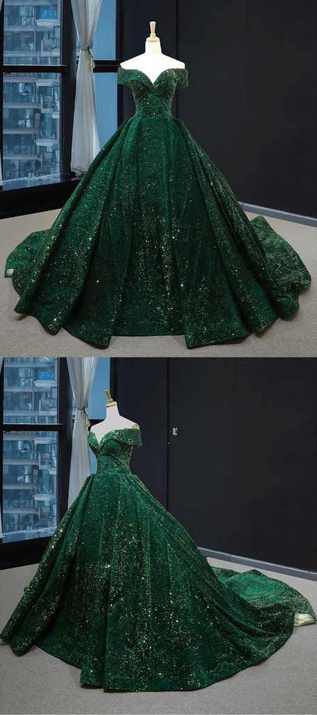 Sparkly Emerland Green Sequin Ball Gown Prom Dresses Custom Made Pricess Quinceanera Dresses, Wedding Prom Gowns 2020