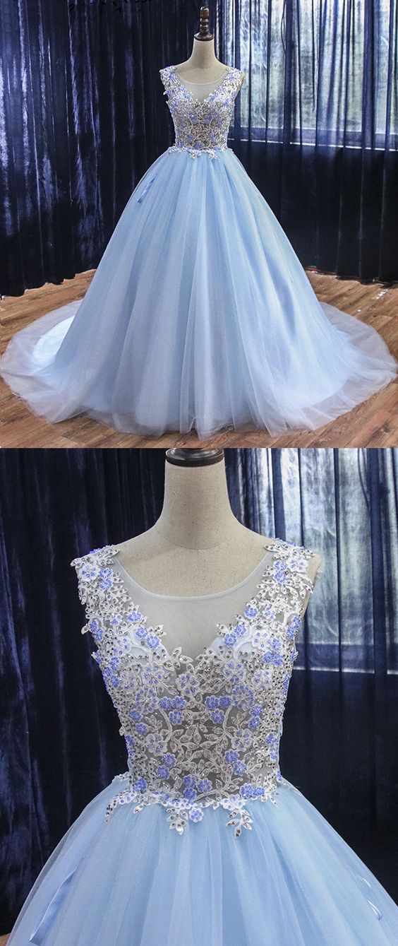 Beaded Scoop Sky Blue Tulle Long Prom Dress Custom Made Women Prom Party Gowns ,women Gowns 2020