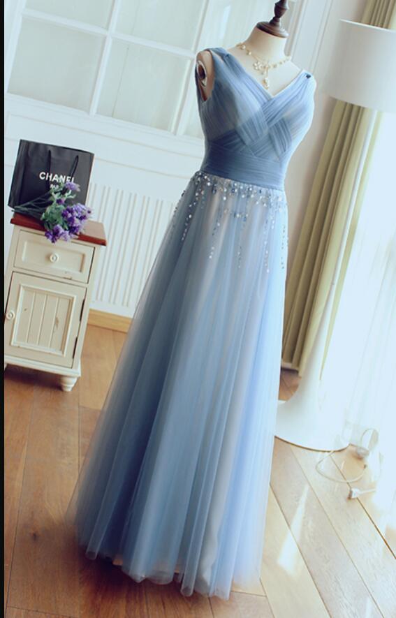 A Line Blue Tulle Ruffle Long Prom Dress Custom Made Women Pageant Gowns , Long Bridesmaid Dress