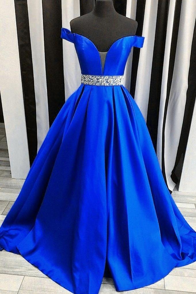 Off Shoulder Royal Blue Satin Beaded Long Prom Dresses Custom Made Women Party Gowns ,sweet 16 Prom Gowns ,sexy A Line Prom Gowns 2020