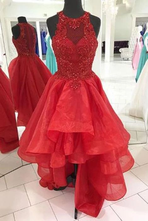 Red Organza Scoop Neck High Low Strapless Homecoming Dress With Beading,2020 Shiny High Low Homecoming Gowns 2020