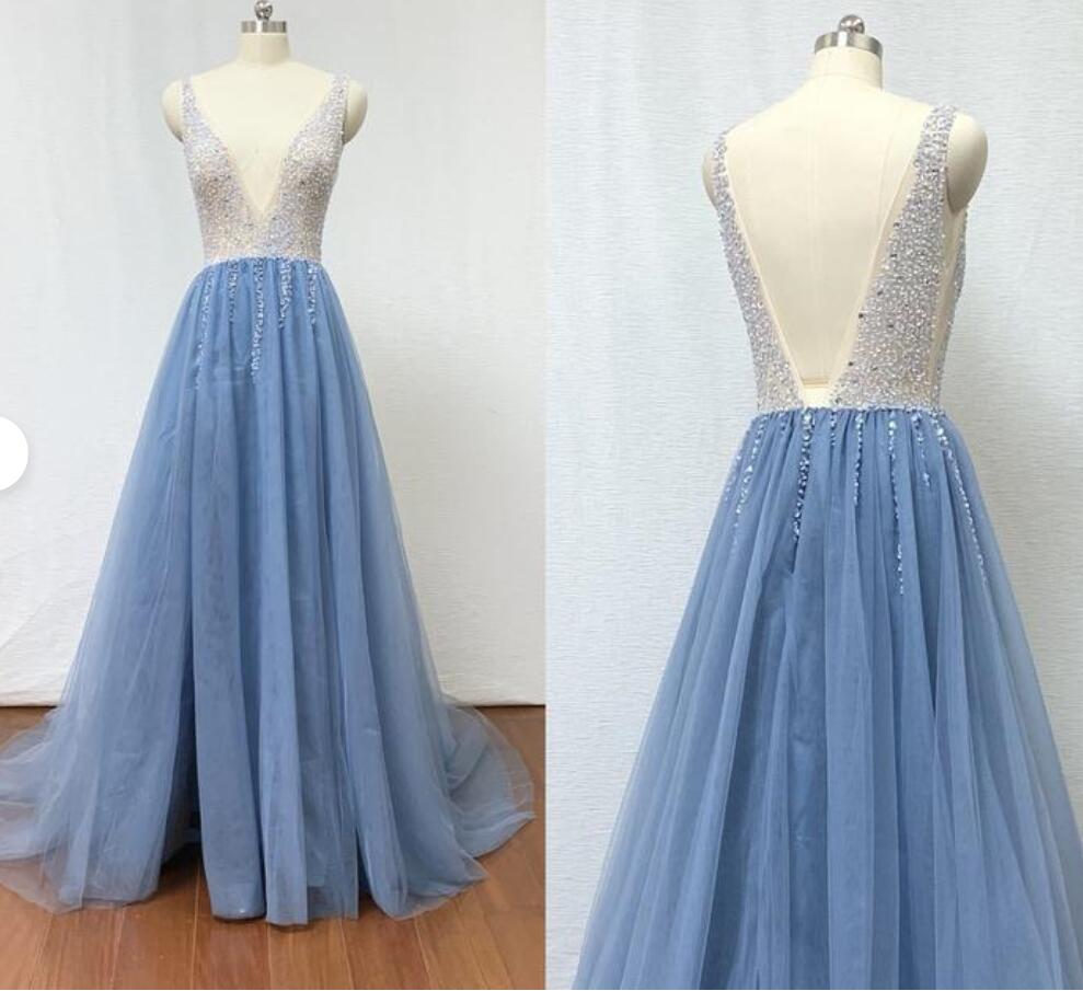 V-neck Beaded Tulle Long Prom Dress With Slit Custom Made Prom Gowns ,a Line Evening Dress 2020