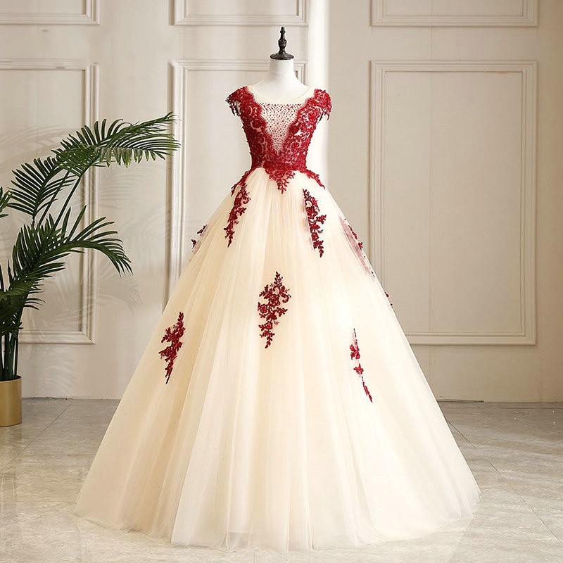 Fashion V-neck Ball Gown Long Prom Dress With Lace Appliqued Quinceanera Dresses, Long Quinceanera Gowns