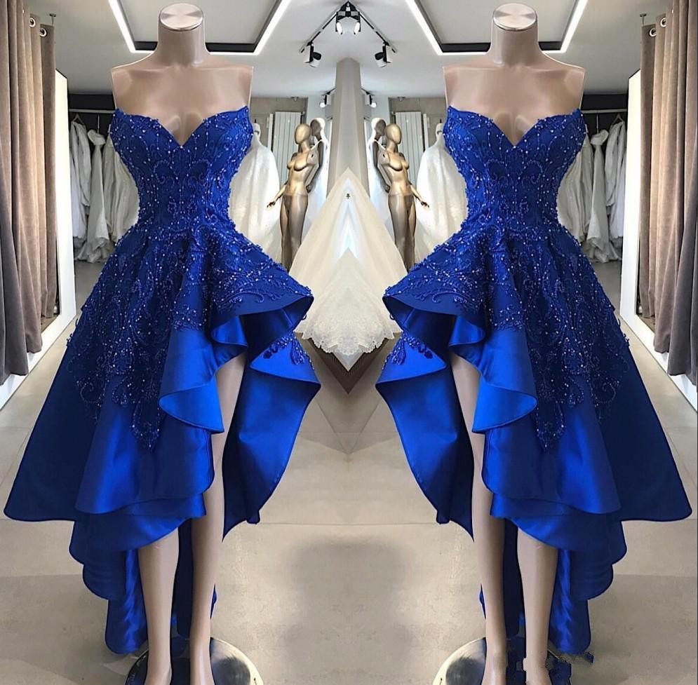 Luxury Beaded Royal Blue High Low Prom Dress Custom Made Women Party Gowns , Wedding Guest Gowns , High Low Homecoming Dress