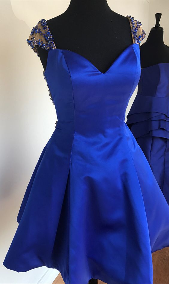 Sexy Royal Blue Satin Beaded Short Homecoming Dress Plus Size Women Party Gowns ,short Cocktail Gowns ,mini Prom Gowns
