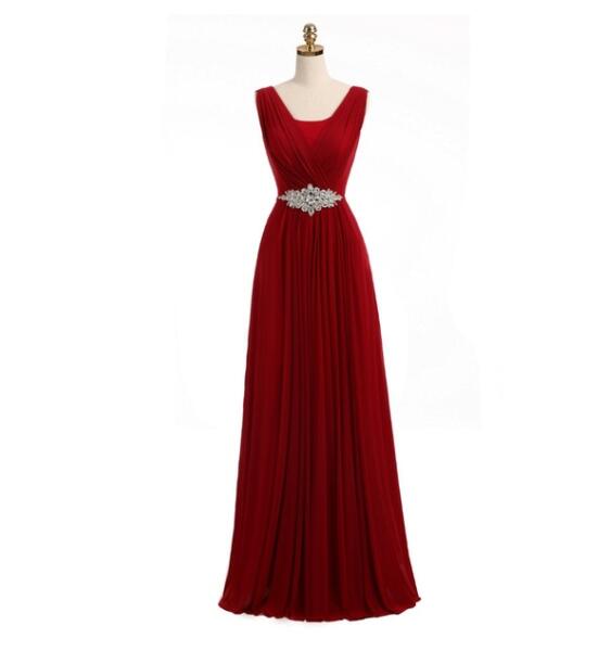 Fashion V-neck Burgundy Chiffon Long Prom Dress With Ribbon Beaded Formal Evening Dress , Prom Gowns 2020