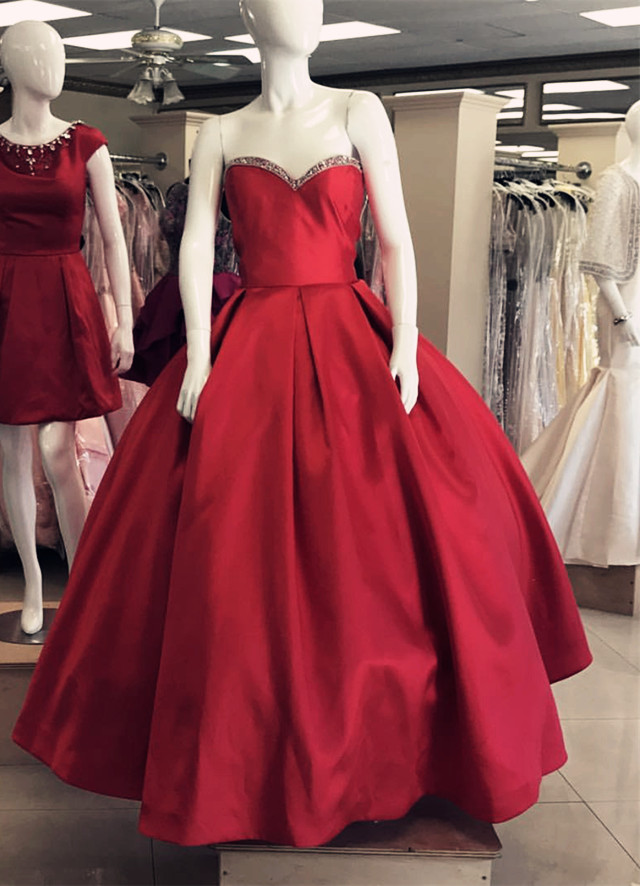 Stunning Red Satin Ball Gown Long Prom Dresses Sweet Women Party Gowns 2020 Wedding Party Gowns .red Quinceanera Dress