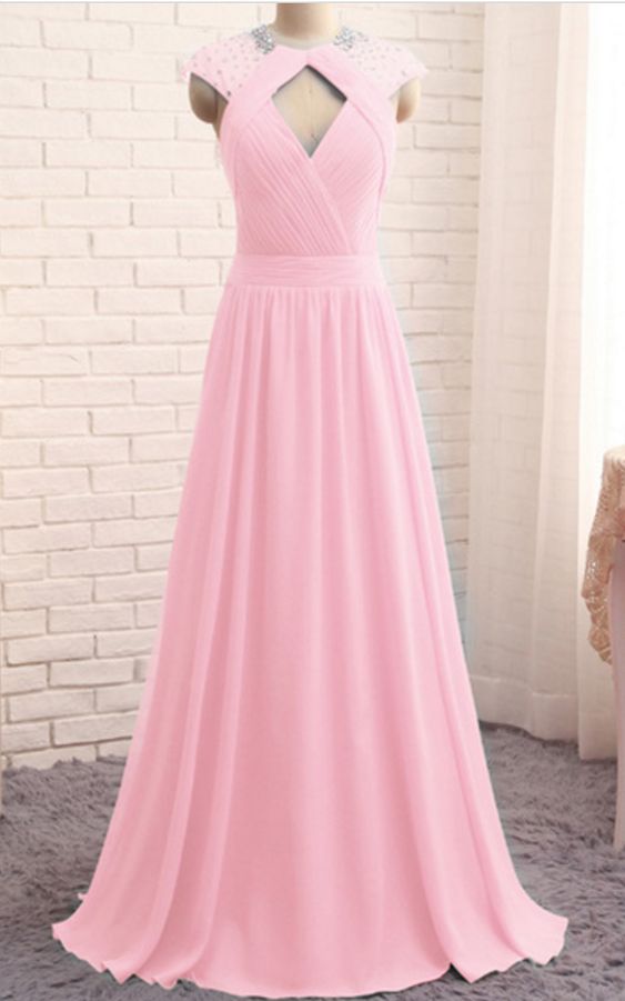 Off Shoulder A Line Pink Chiffon Beaded Long Prom Dress , Women Summer Gowns , Prom Gowns